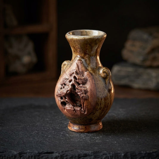 Vintage Japanese Banko Ware Miniature Vase — Hand-Carved 3D Scenic Relief — main view