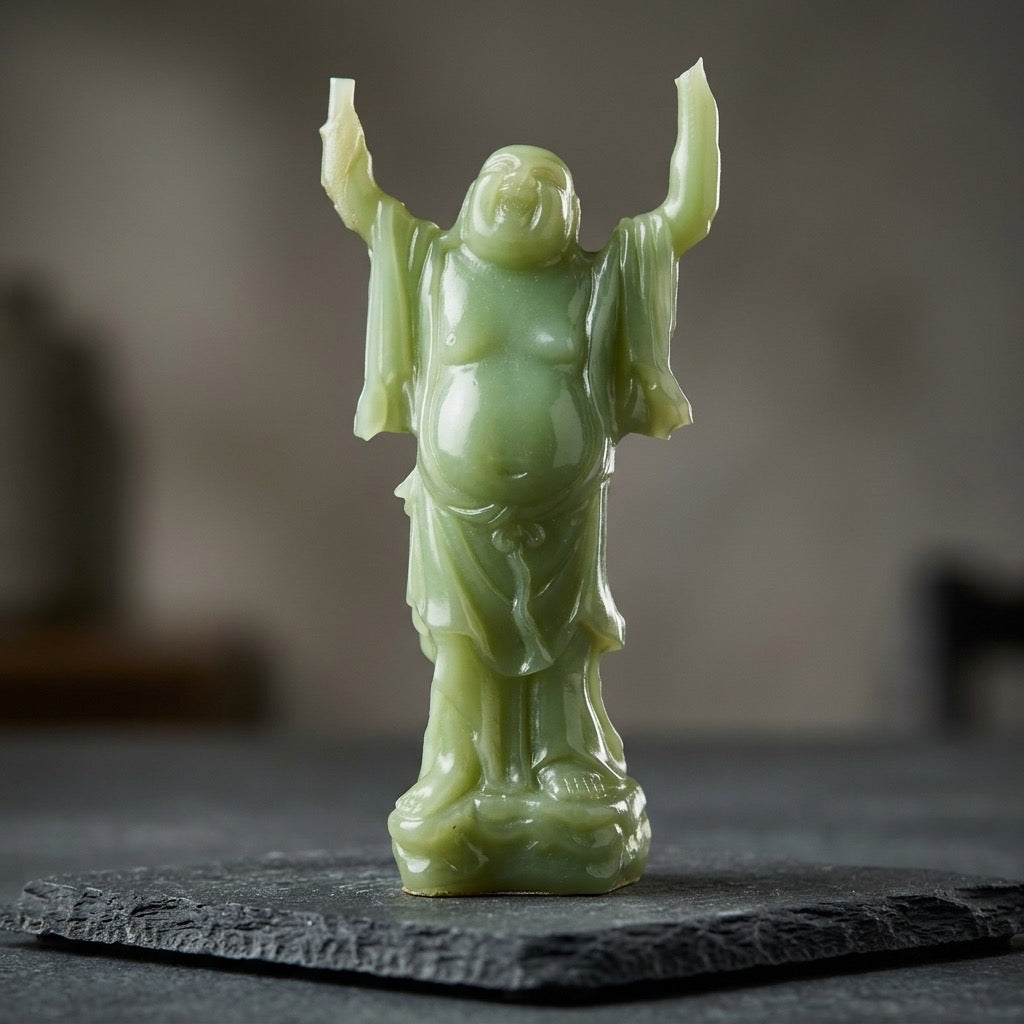 Vintage Jade-Style Laughing Buddha Resin Statue — Feng Shui Good Fortune — detail view