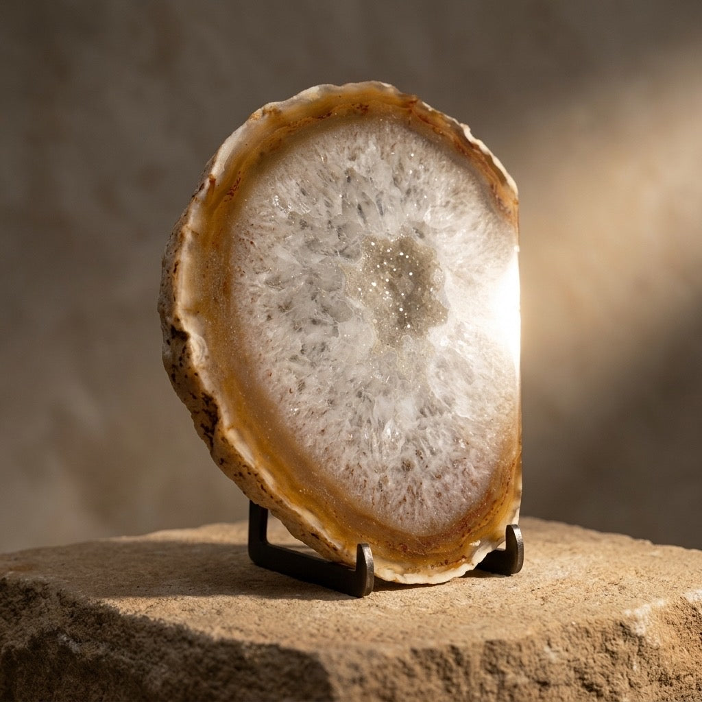 Polished Agate Geode Slice — Druzy Quartz Interior, Backlit Translucent, 240g — main view