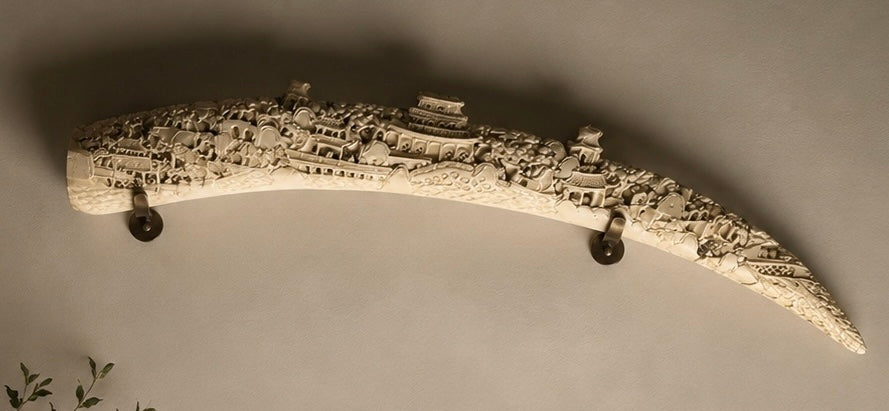 Vintage Ivory-Tone Resin Carved Tusk Village Sculpture — Folk Art Curiosity — main view