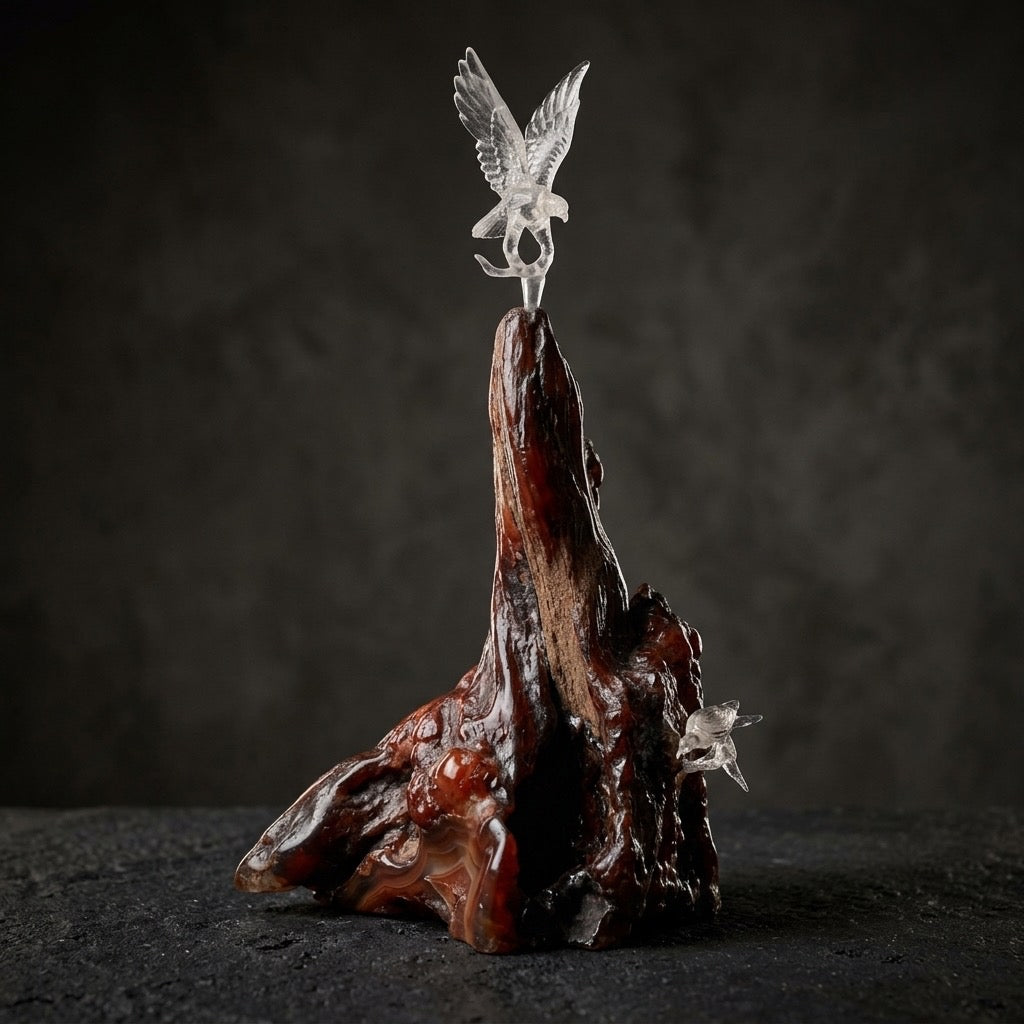 Glass Eagle on Driftwood Sculpture — Wildlife Art Collectible — detail view