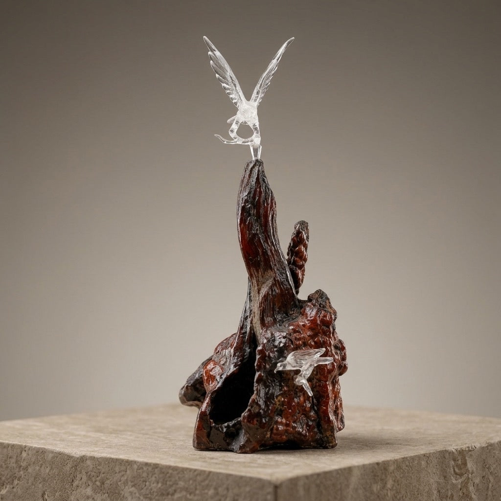 Glass Eagle on Driftwood Sculpture — Wildlife Art Collectible — main view