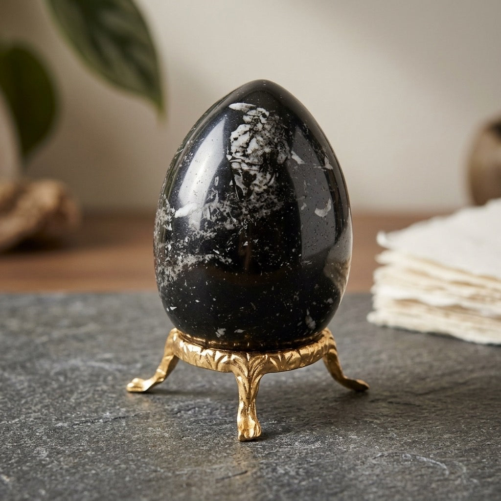 Black Zebra Agate Egg — High-Contrast Banded Chalcedony, Polished, 174g — detail view