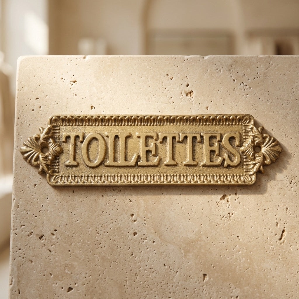 Cast Iron «Toilettes» Door Sign — French Gold-Finish Wall Plaque — detail view