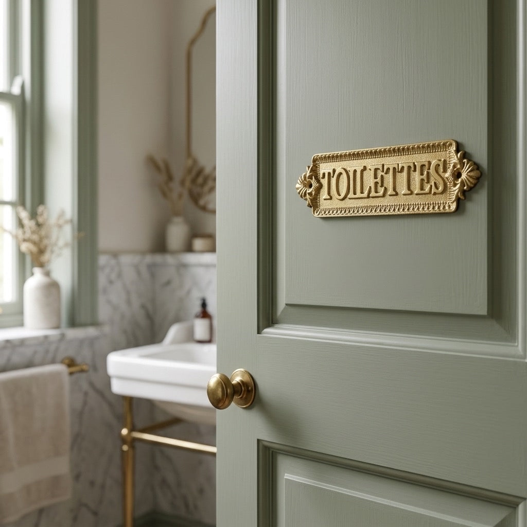Cast Iron «Toilettes» Door Sign — French Gold-Finish Wall Plaque — detail view