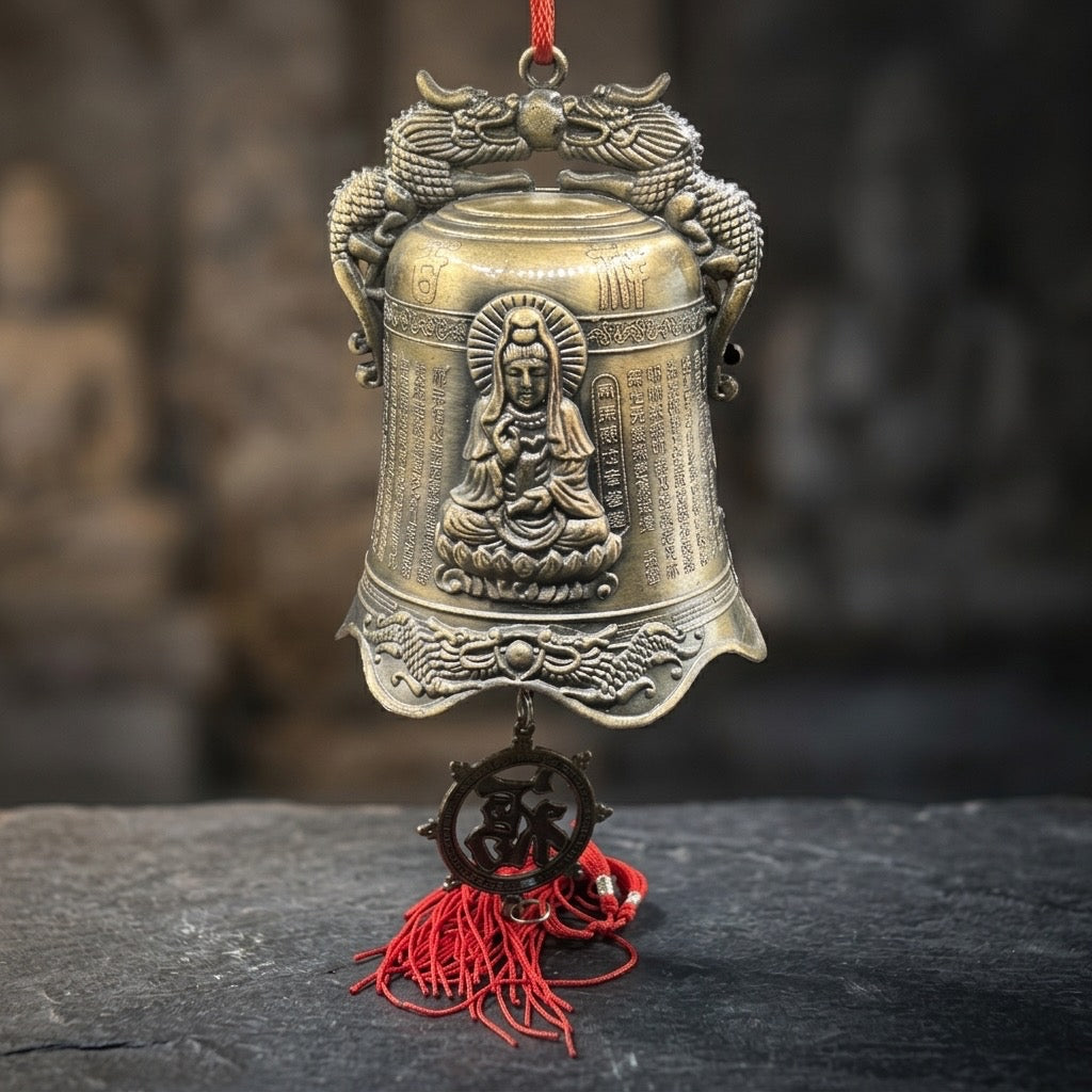 Chinese Dragon Temple Bell with Buddha Relief & Red Tassel — main view