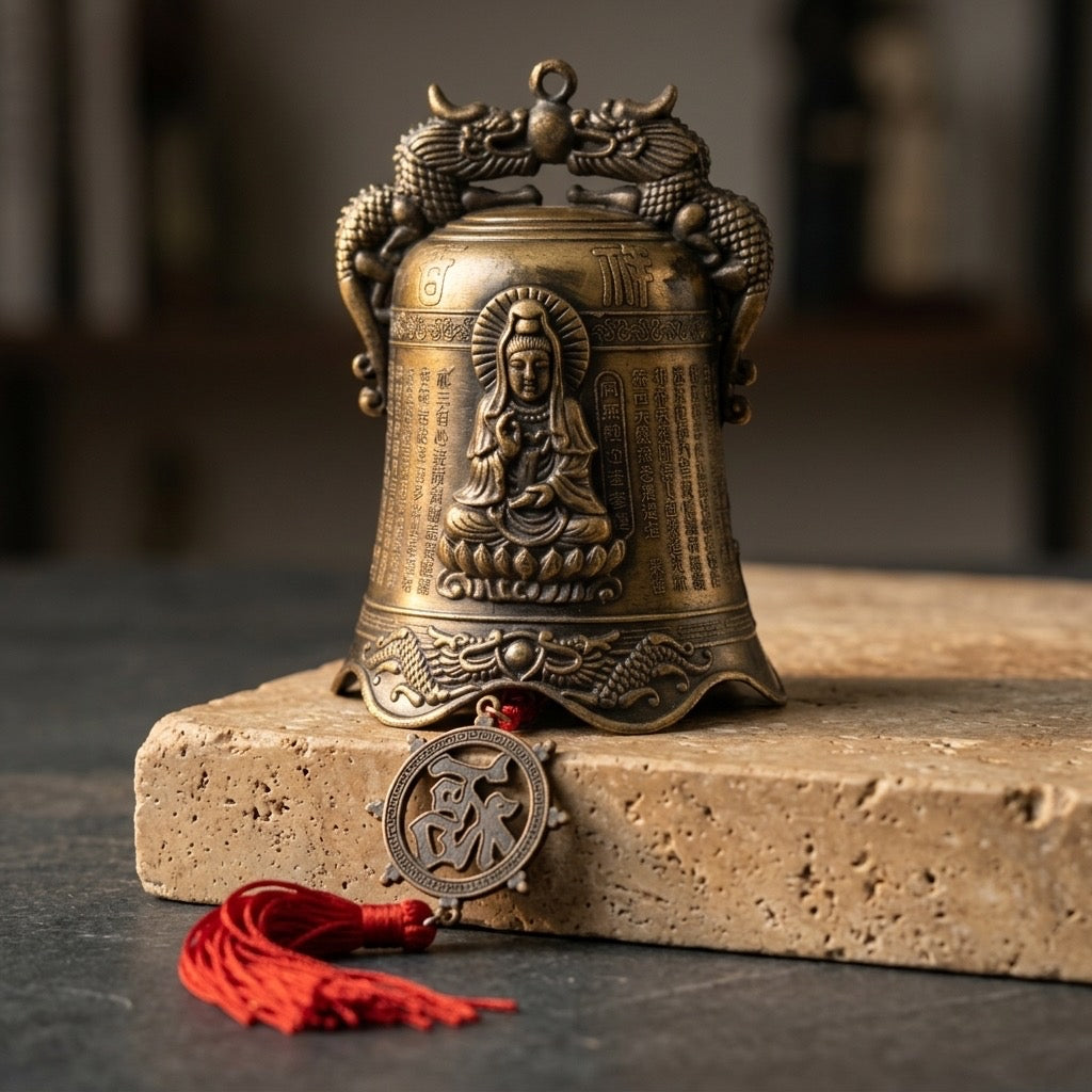 Chinese Dragon Temple Bell with Buddha Relief & Red Tassel — detail view