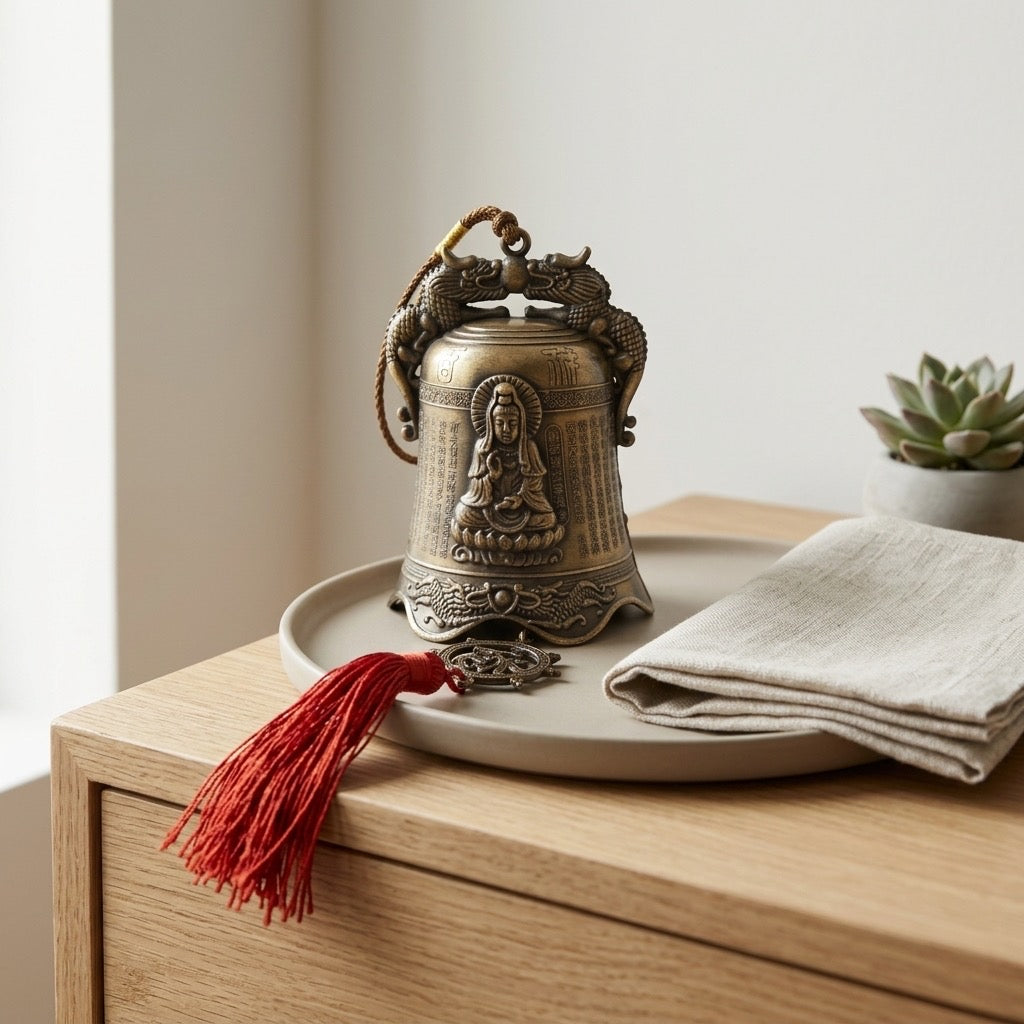 Chinese Dragon Temple Bell with Buddha Relief & Red Tassel — detail view