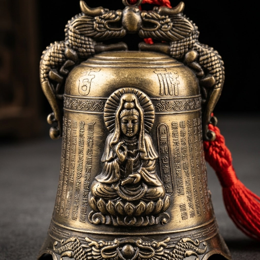 Chinese Dragon Temple Bell with Buddha Relief & Red Tassel — detail view