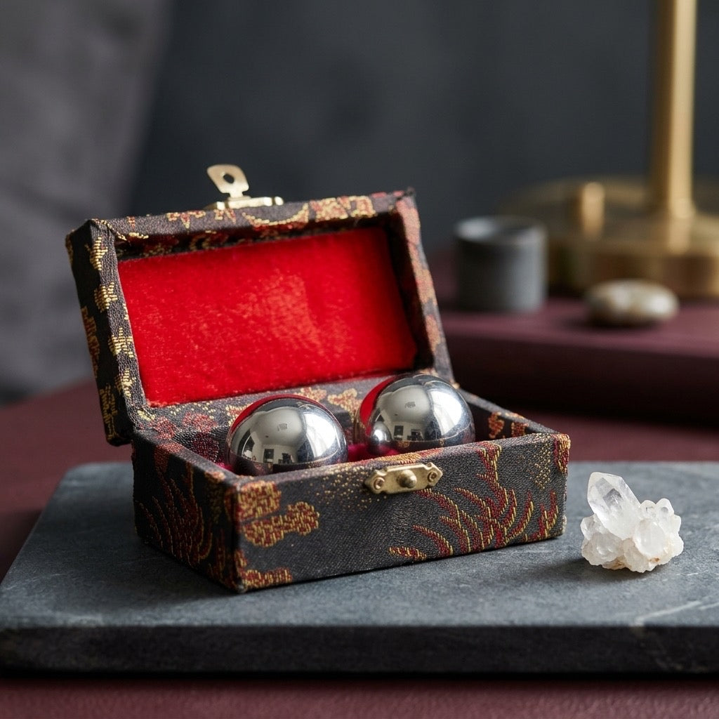 Chinese Baoding Chime Meditation Balls in Silk Box — detail view