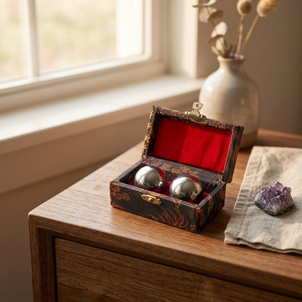 Chinese Baoding Chime Meditation Balls in Silk Box — detail view