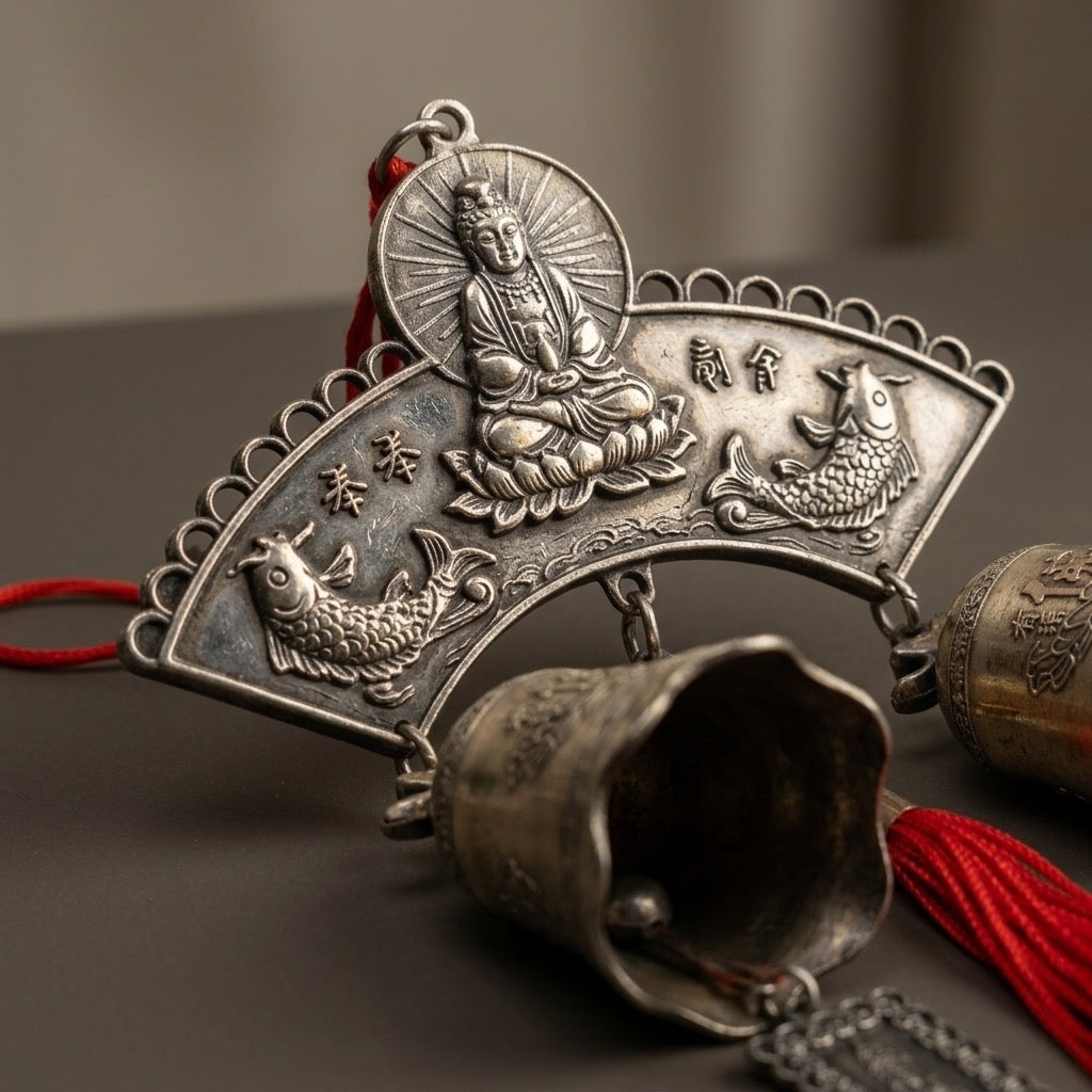 Chinese Guan Yin & Koi Feng Shui Hanging Bells with Red Tassels — detail view