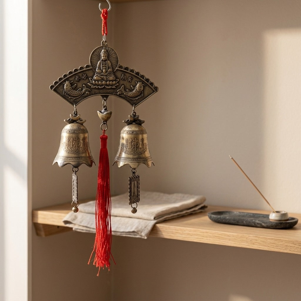 Chinese Guan Yin & Koi Feng Shui Hanging Bells with Red Tassels — main view