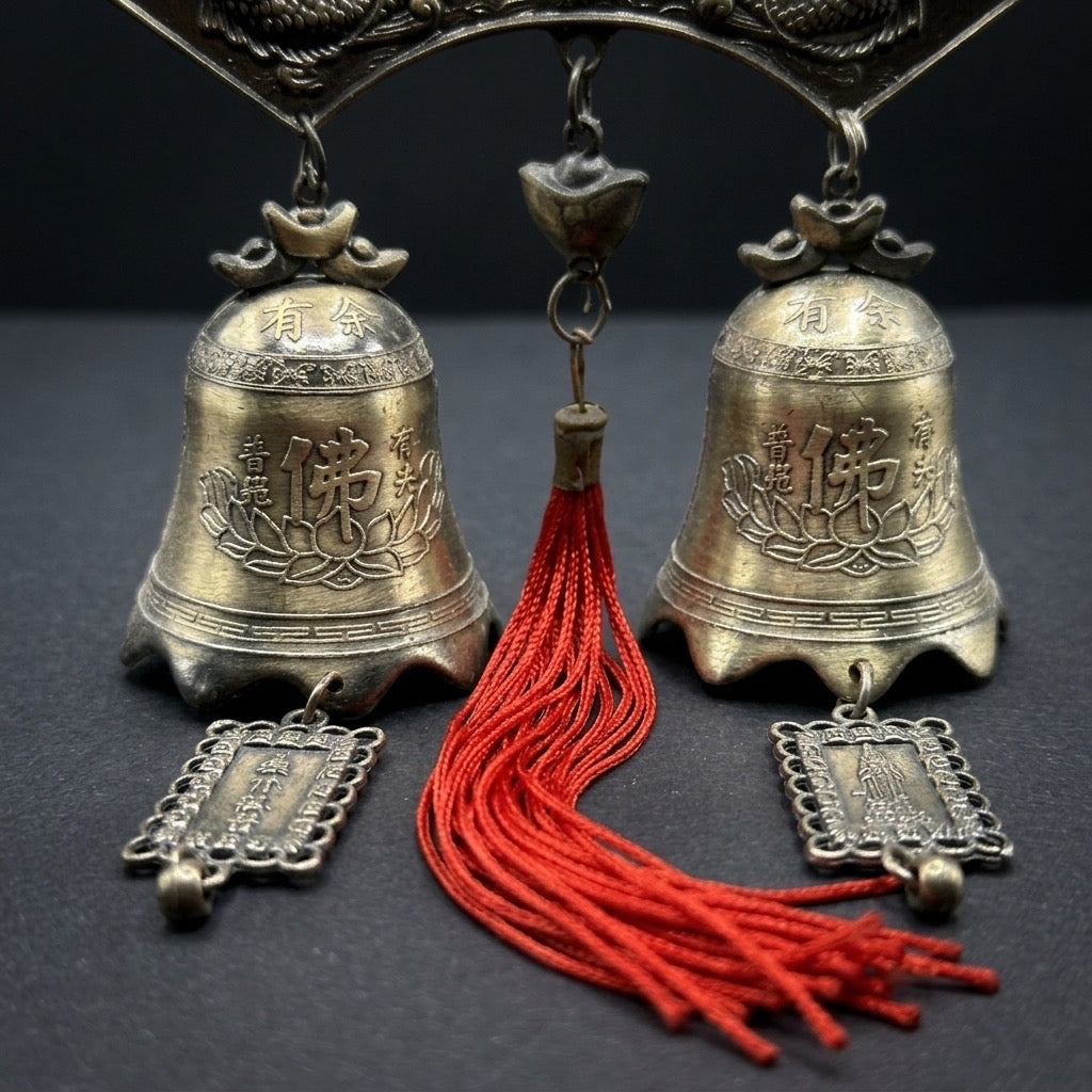 Chinese Guan Yin & Koi Feng Shui Hanging Bells with Red Tassels — detail view