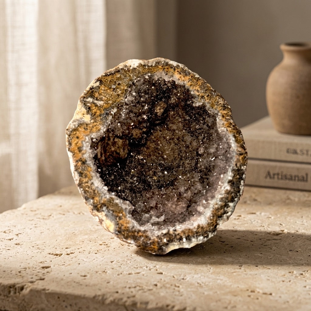 Choya Geode — Crystal-Lined Cactus Cavity, Quartz Interior, 382g — detail view