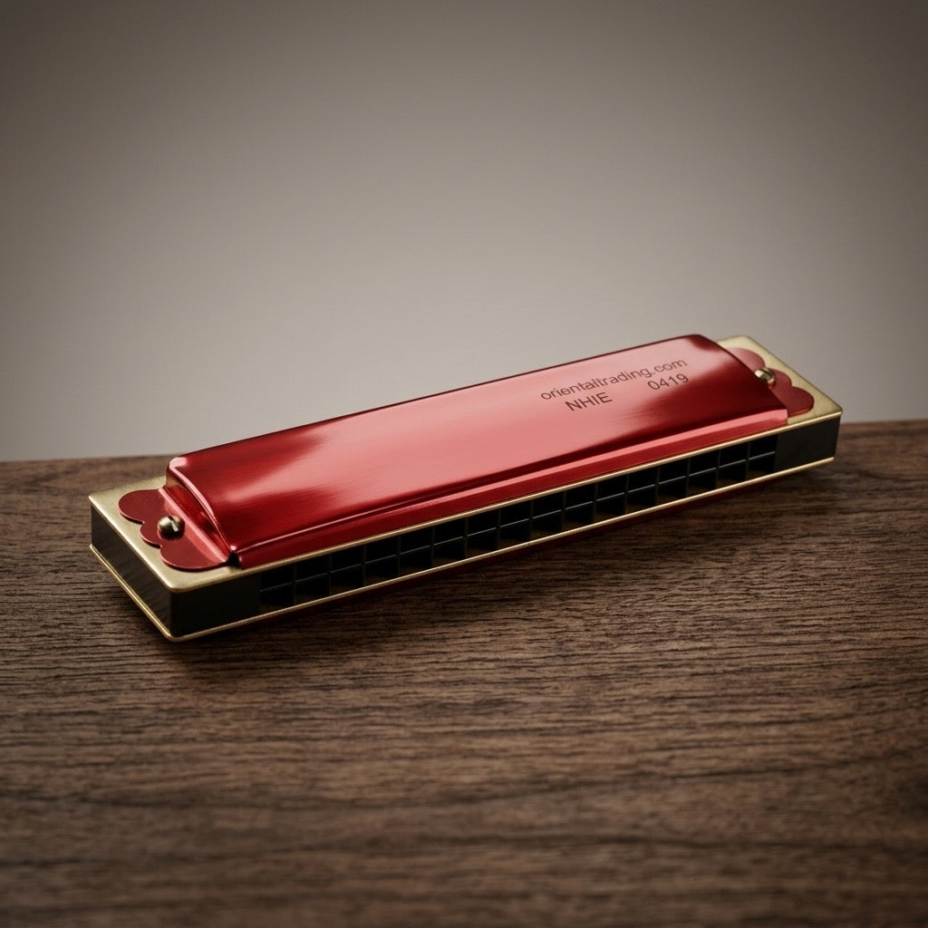 Vintage Red 10-Hole Harmonica — Bright Crimson, Novelty Format — main view