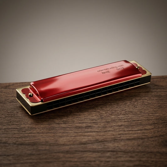 Vintage Red 10-Hole Harmonica — Bright Crimson, Novelty Format — main view