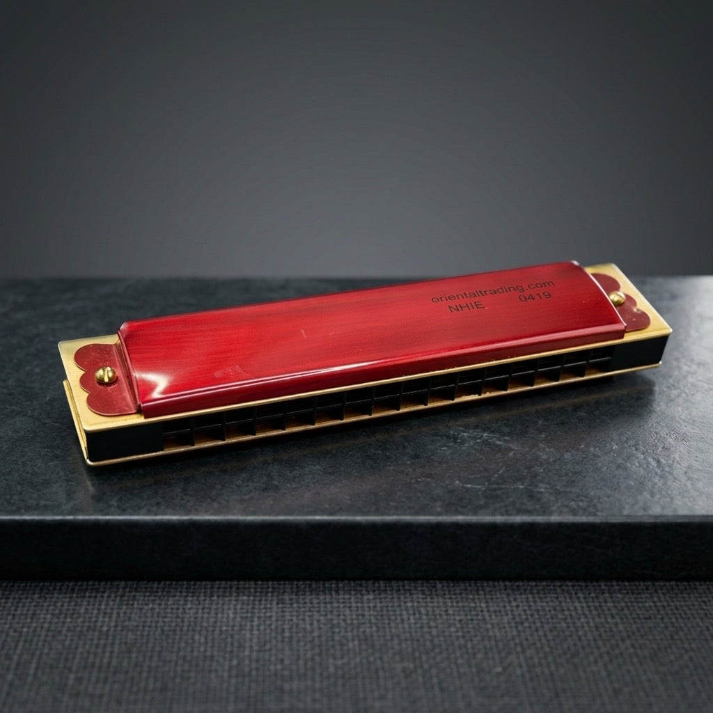 Vintage Red 10-Hole Harmonica — Bright Crimson, Novelty Format — detail view