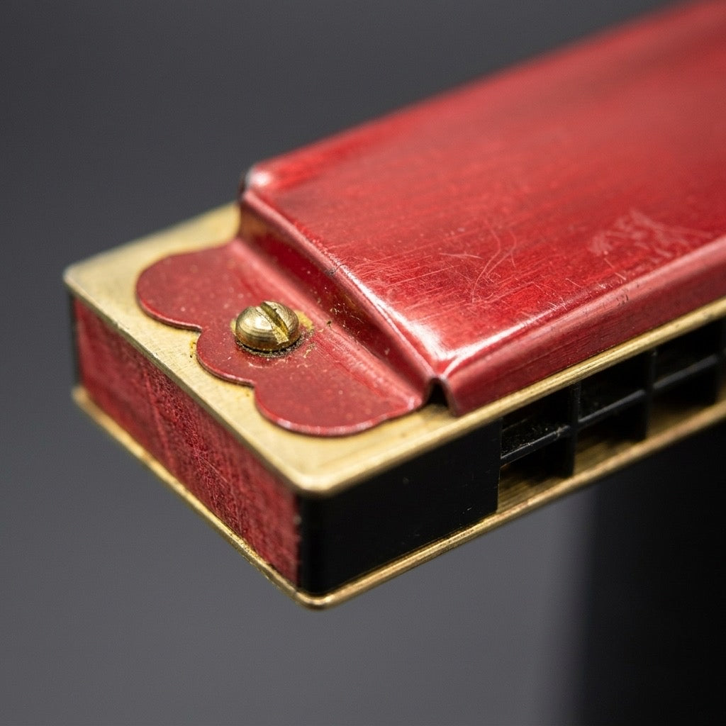 Vintage Red 10-Hole Harmonica — Bright Crimson, Novelty Format — detail view