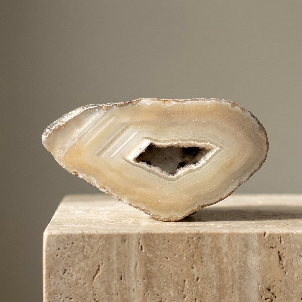 Sliced Agate Geode — Cream & Ivory Banding, Dark Druzy Center, 136g — main view