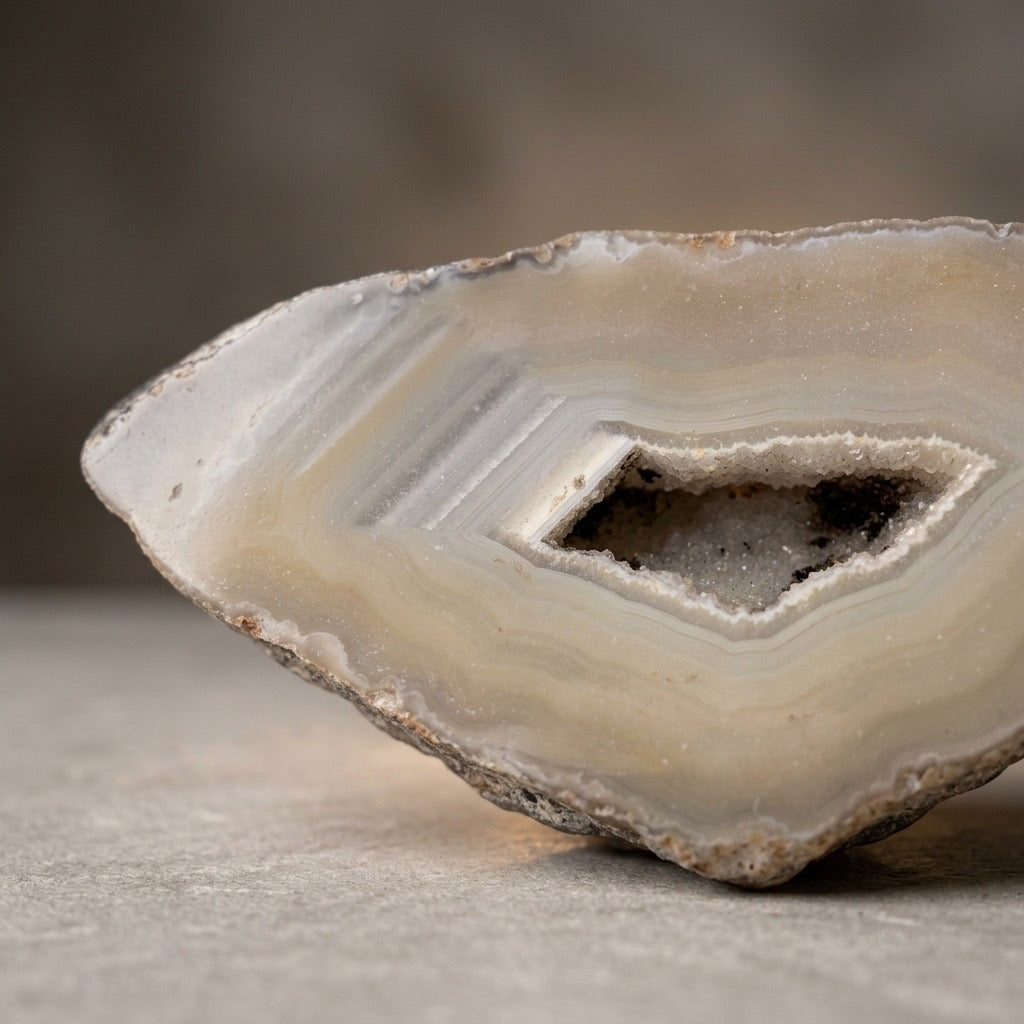 Sliced Agate Geode — Cream & Ivory Banding, Dark Druzy Center, 136g — detail view