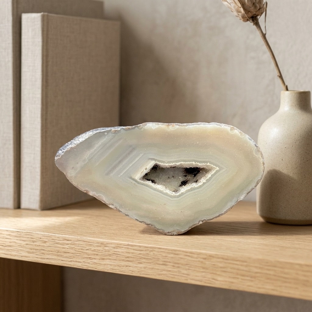Sliced Agate Geode — Cream & Ivory Banding, Dark Druzy Center, 136g — detail view