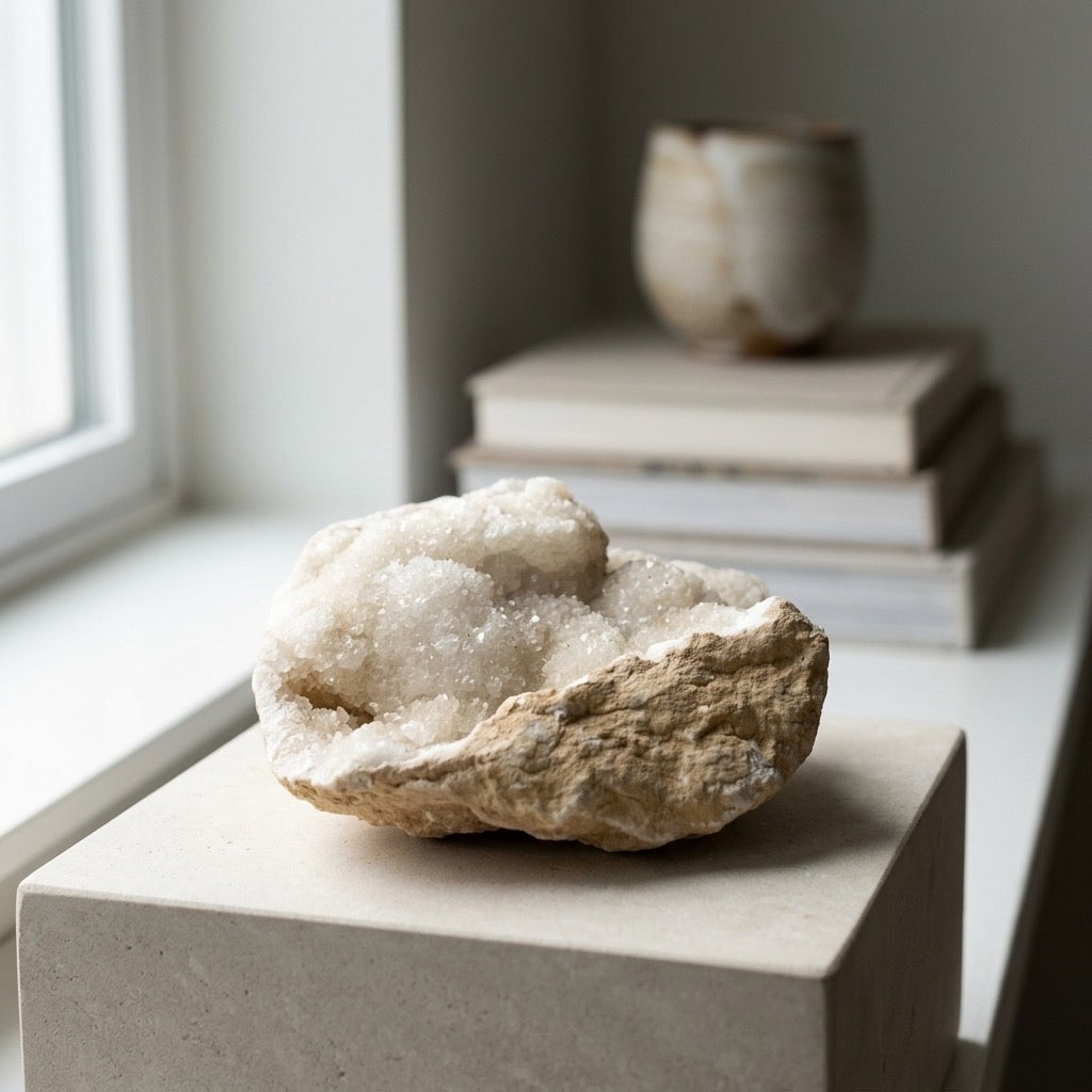 Druzy Quartz Geode — Large Crystal-Lined Cavity, Statement Specimen, 1565g (3.45 lb) — detail view