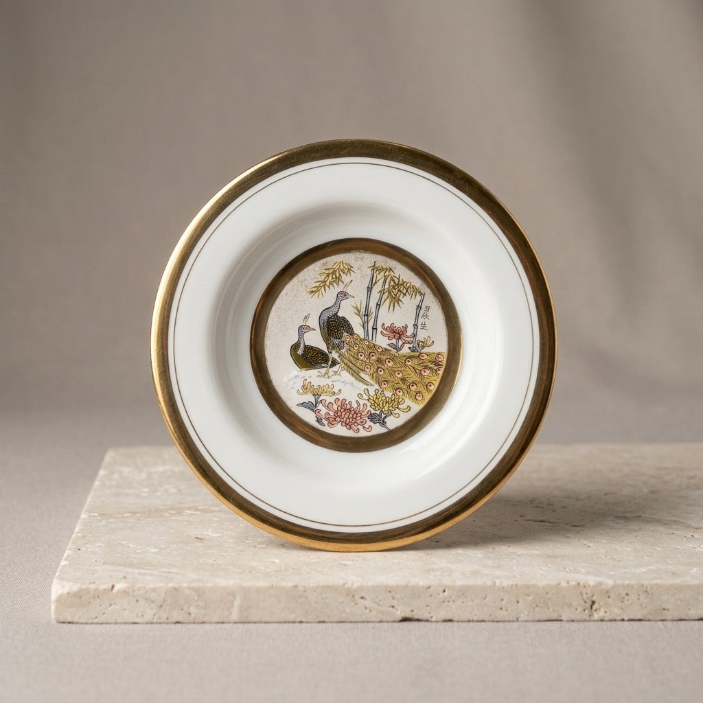 Dynasty Japanese Chokin Art Peacock Collector Plate — Gold & Silver Inlay — detail view