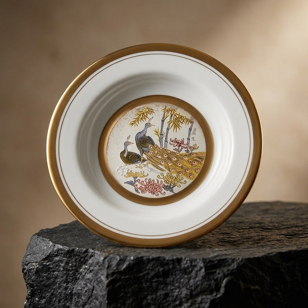 Dynasty Japanese Chokin Art Peacock Collector Plate — Gold & Silver Inlay — main view