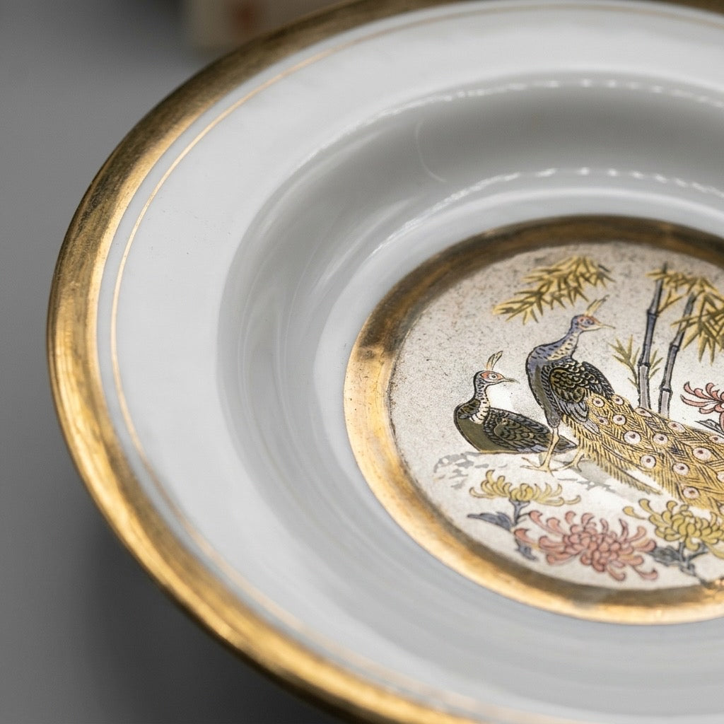Dynasty Japanese Chokin Art Peacock Collector Plate — Gold & Silver Inlay — detail view