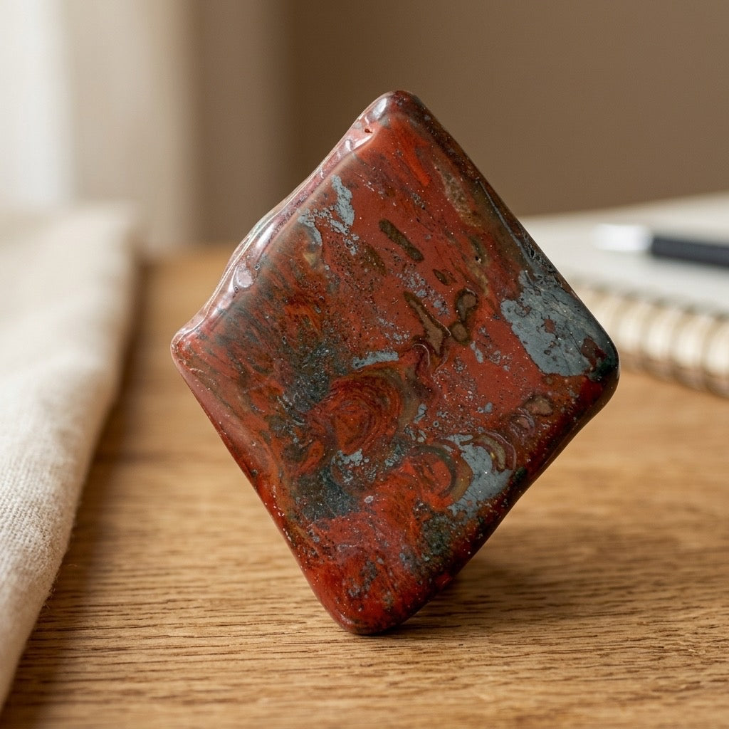 Red Jasper Diamond Cabochon — Polished, Brick Red & Russet, 89g — detail view