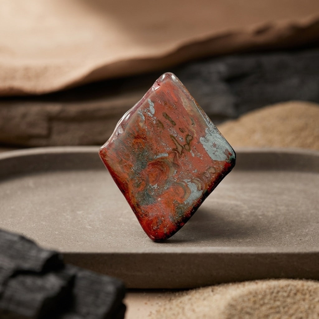 Red Jasper Diamond Cabochon — Polished, Brick Red & Russet, 89g — detail view