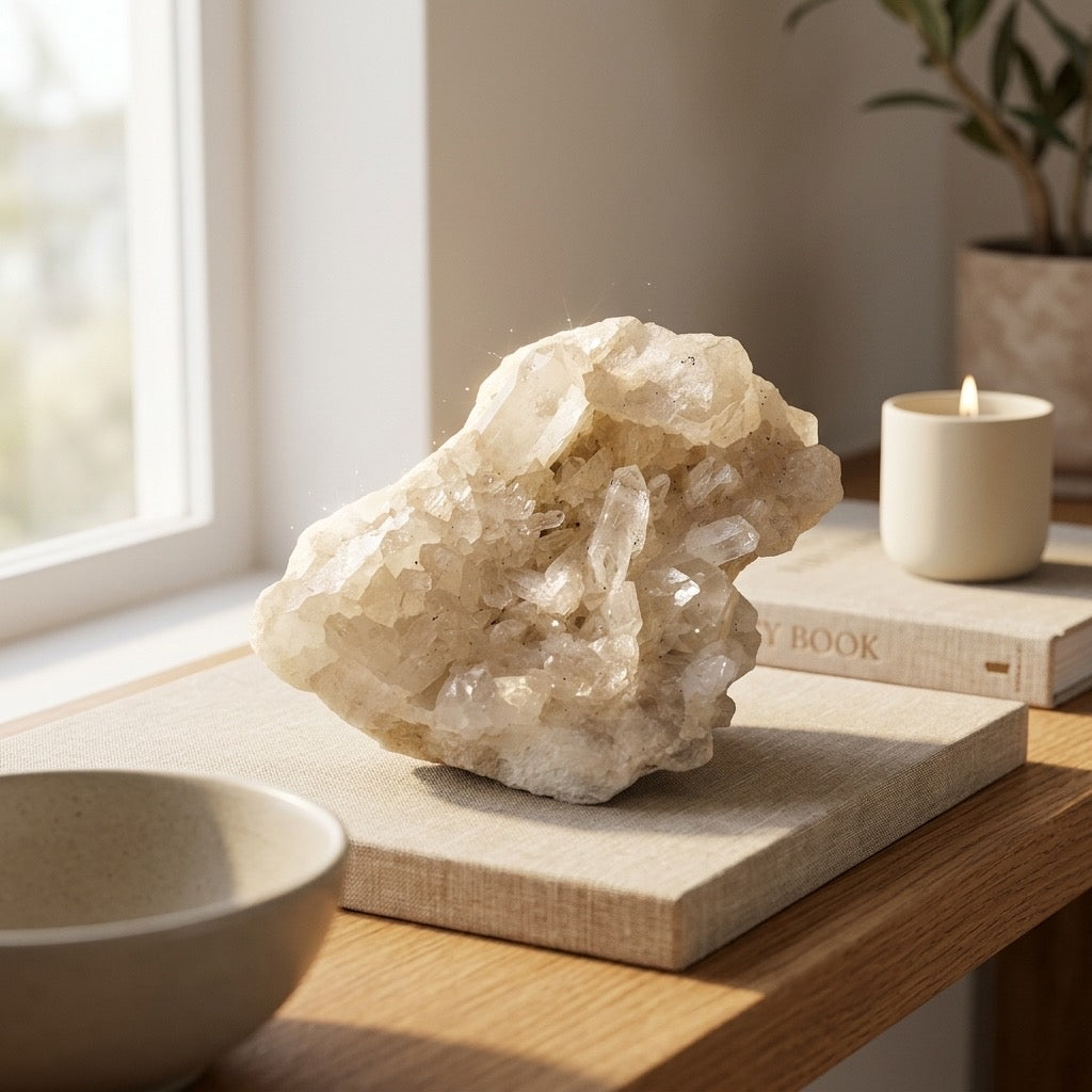 Quartz Crystal Cluster on Matrix — Clear to Milky Points, Natural Stone Base, 264g — detail view