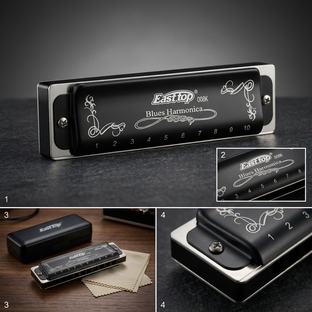 Easttop T008K 10-Hole Diatonic Blues Harmonica — Engraved Black Cover — detail view