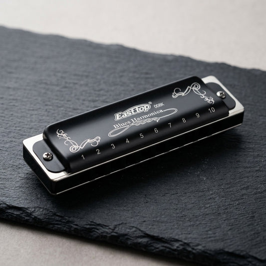 Easttop T008K 10-Hole Diatonic Blues Harmonica — Engraved Black Cover — main view