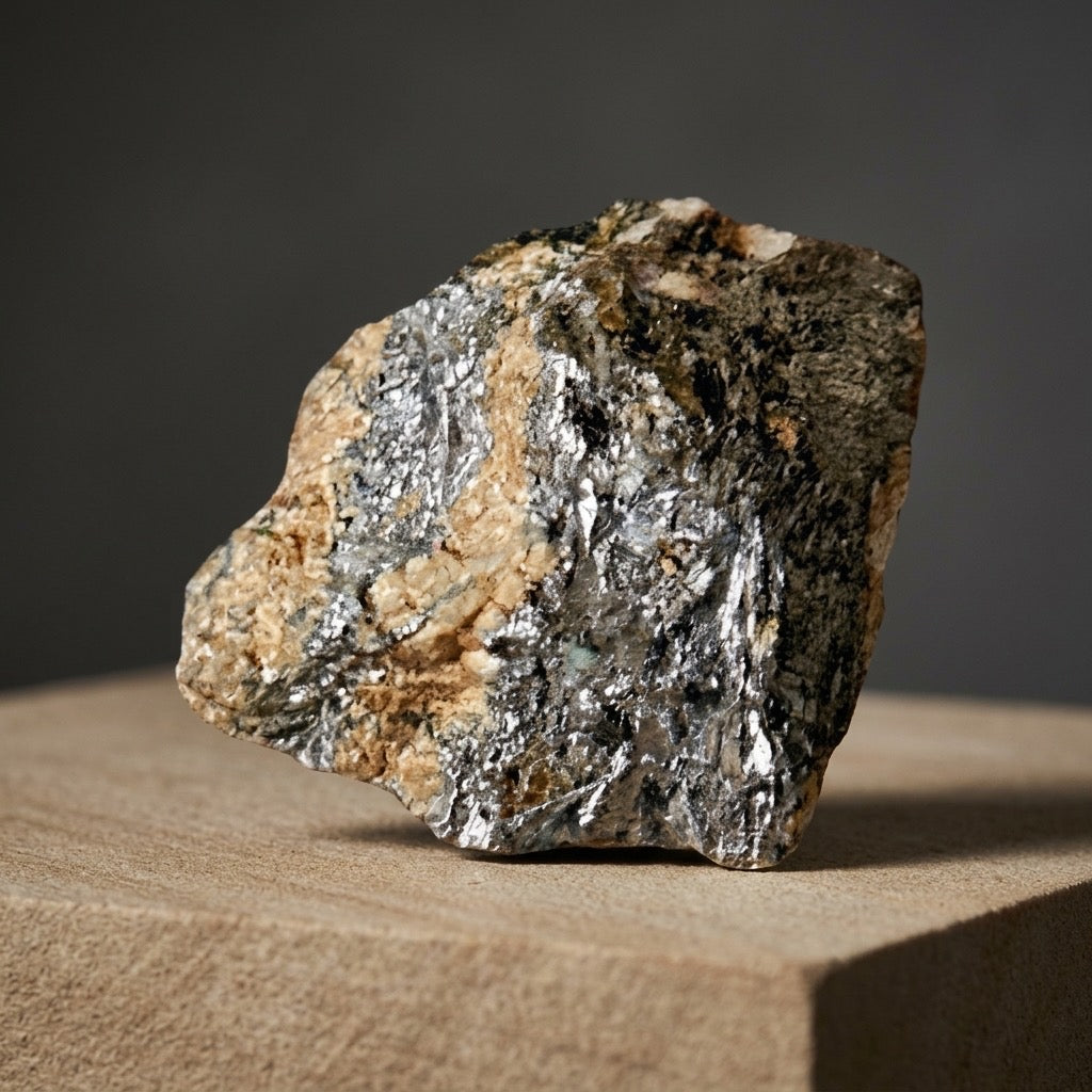 Native Antimony Crystal Specimen — Silvery Metallic, Rare Native Element, 92g — detail view