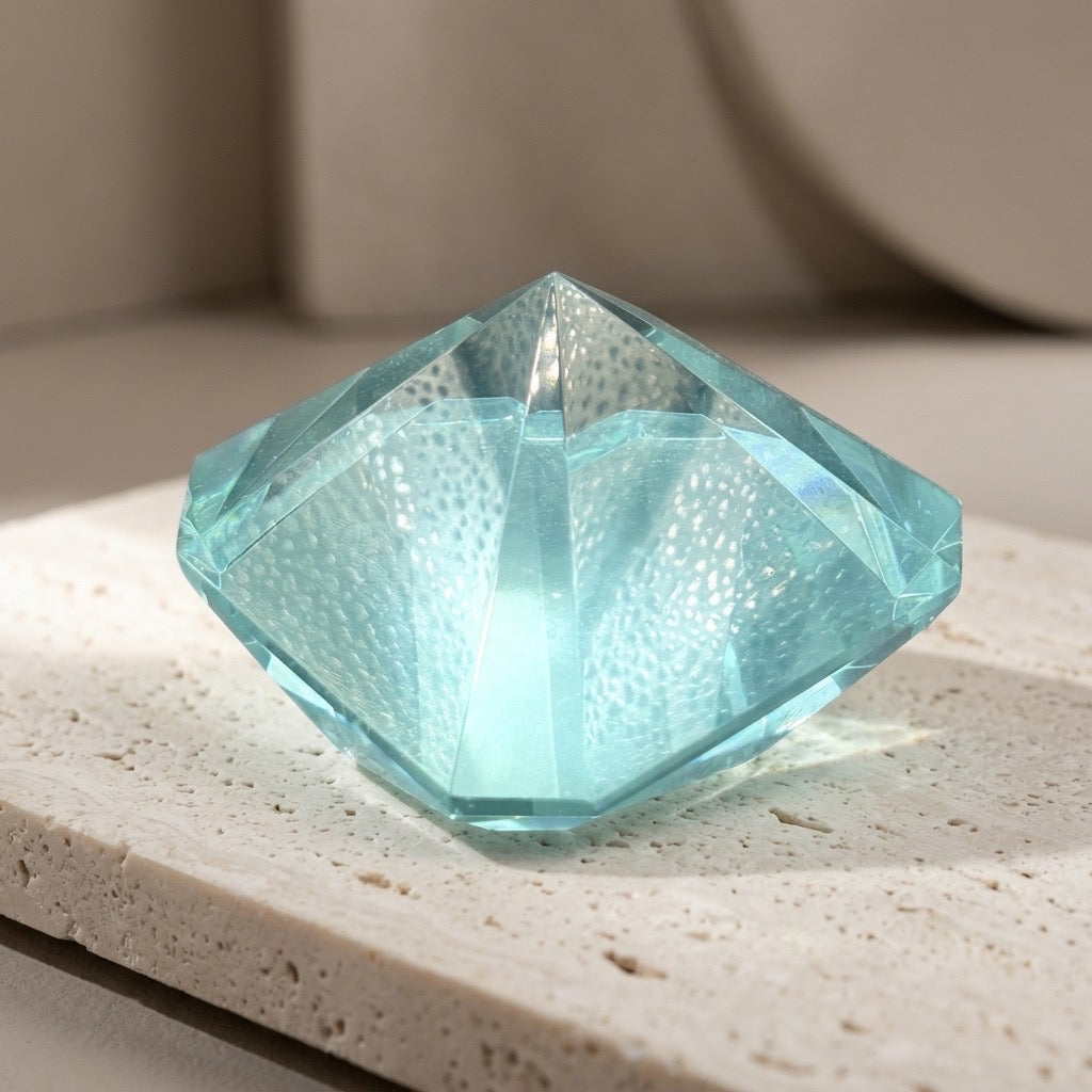 Faceted Blue Crystal Diamond Paperweight — Modern Glass Sculpture — main view