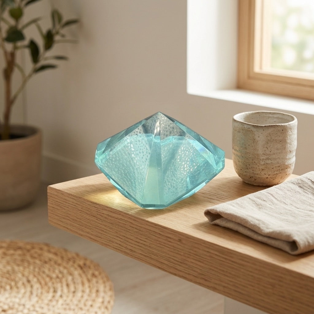Faceted Blue Crystal Diamond Paperweight — Modern Glass Sculpture — detail view