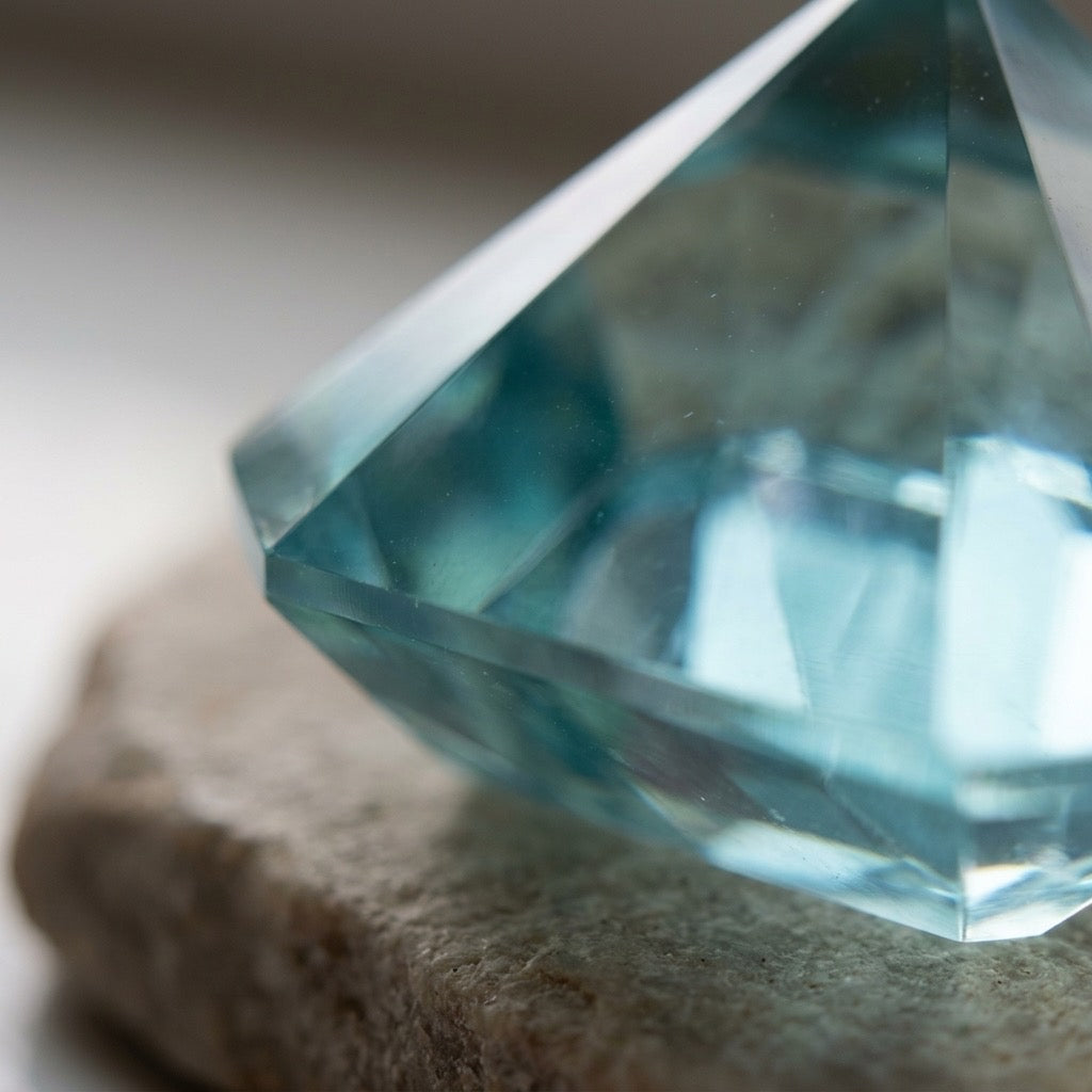Faceted Blue Crystal Diamond Paperweight — Modern Glass Sculpture — detail view