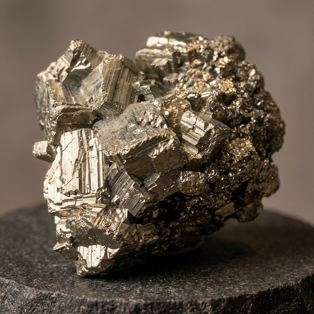 Natural Pyrite Crystal Cluster — Cubic Formations, Metallic Luster, 197g — detail view