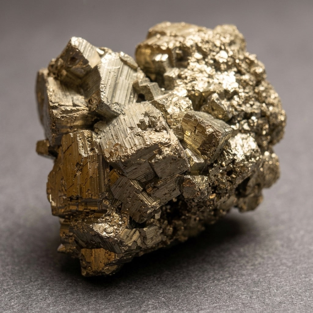 Natural Pyrite Crystal Cluster — Cubic Formations, Metallic Luster, 197g — detail view