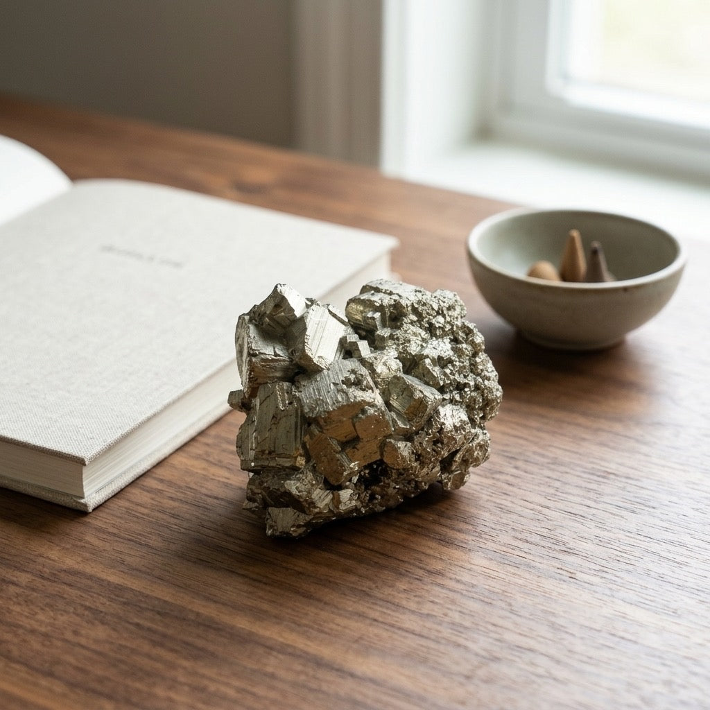 Natural Pyrite Crystal Cluster — Cubic Formations, Metallic Luster, 197g — detail view