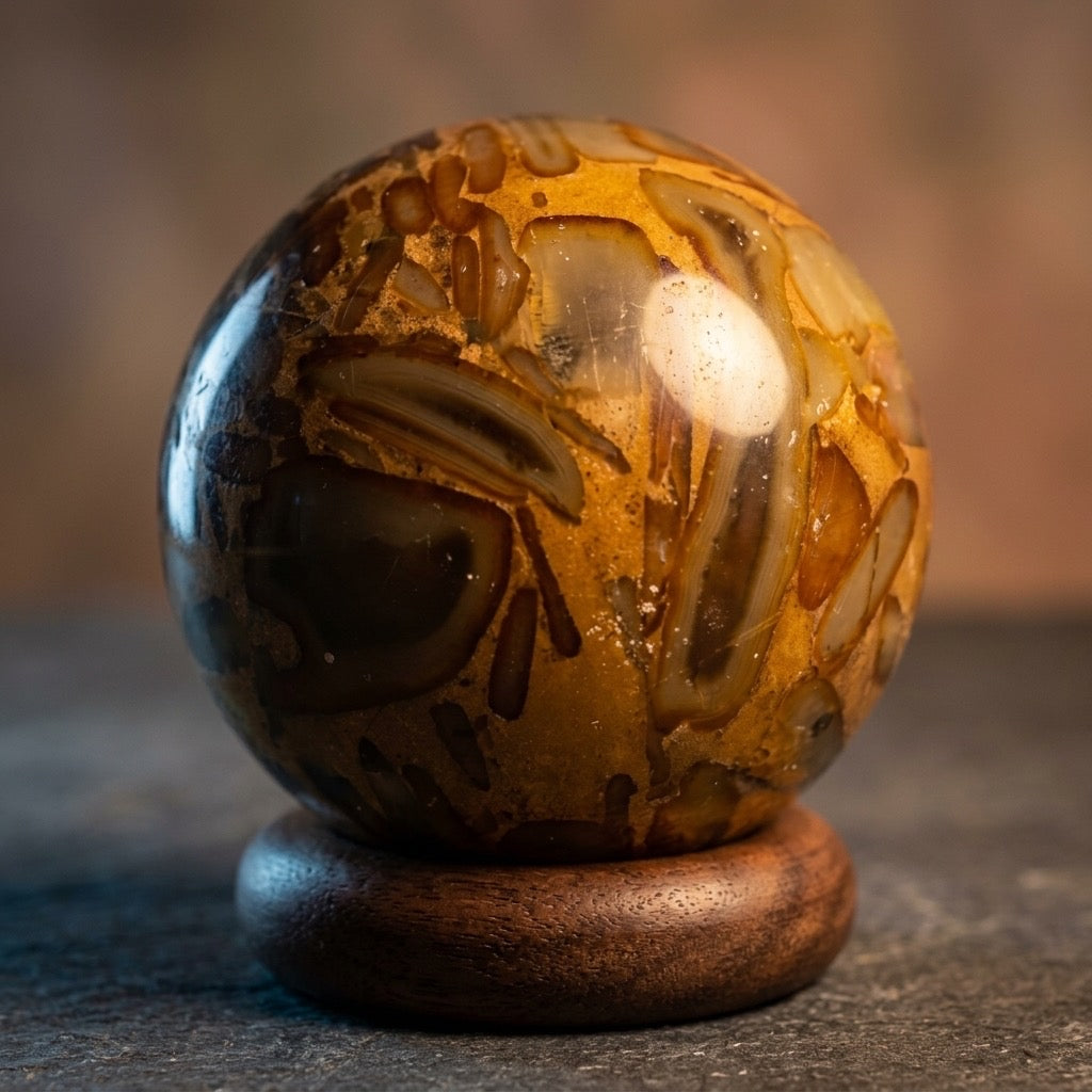 Bamboo Jasper Sphere — Organic Striations, Earth Tones, 134g — detail view