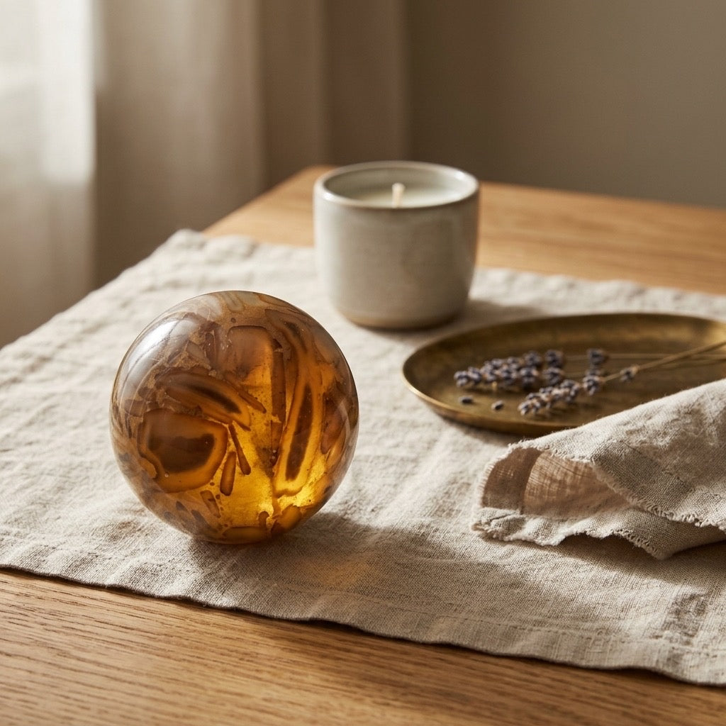 Bamboo Jasper Sphere — Organic Striations, Earth Tones, 134g — detail view