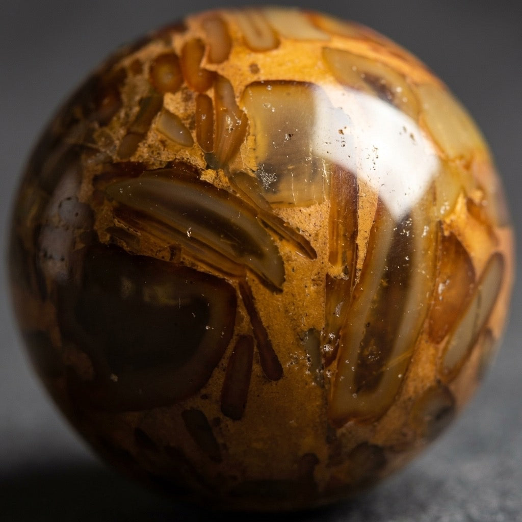 Bamboo Jasper Sphere — Organic Striations, Earth Tones, 134g — detail view