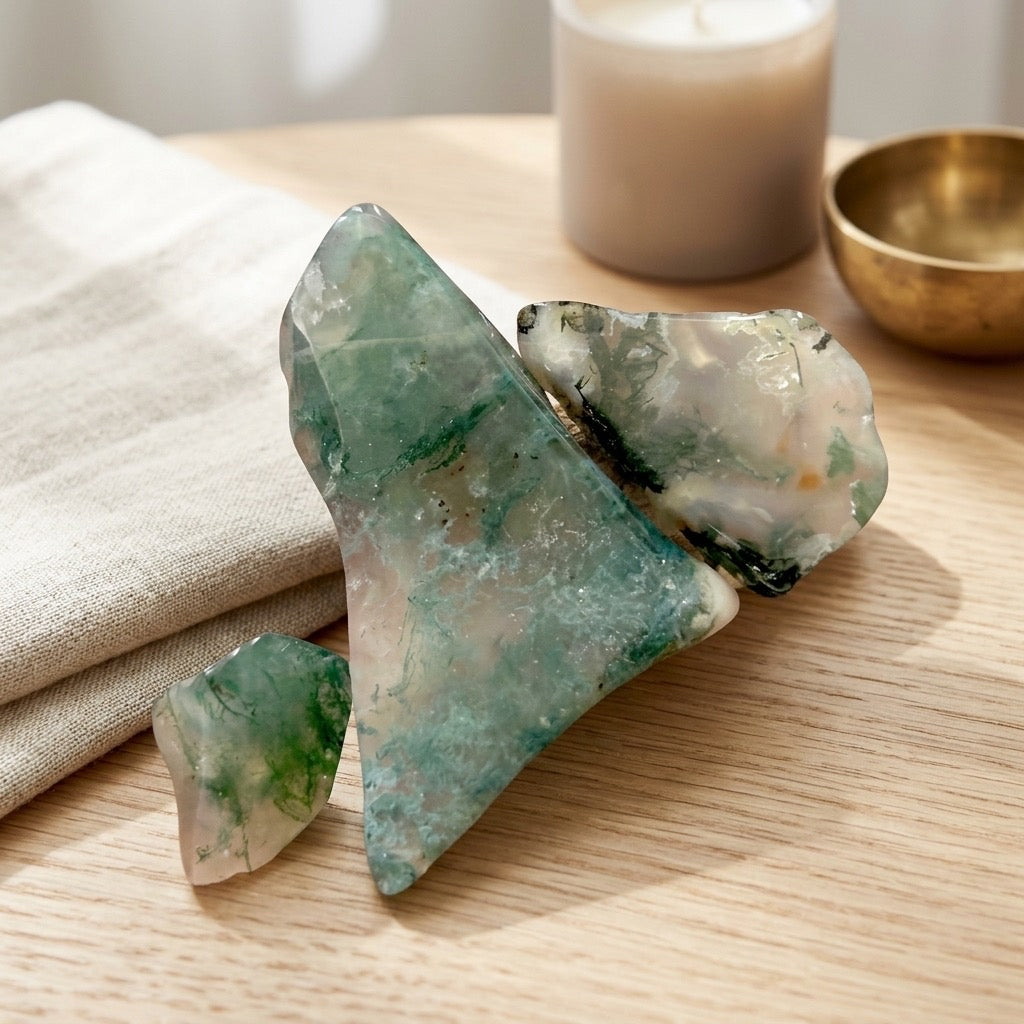 Moss Agate Polished Specimen — Green Dendritic Inclusions, Translucent, 14g — detail view