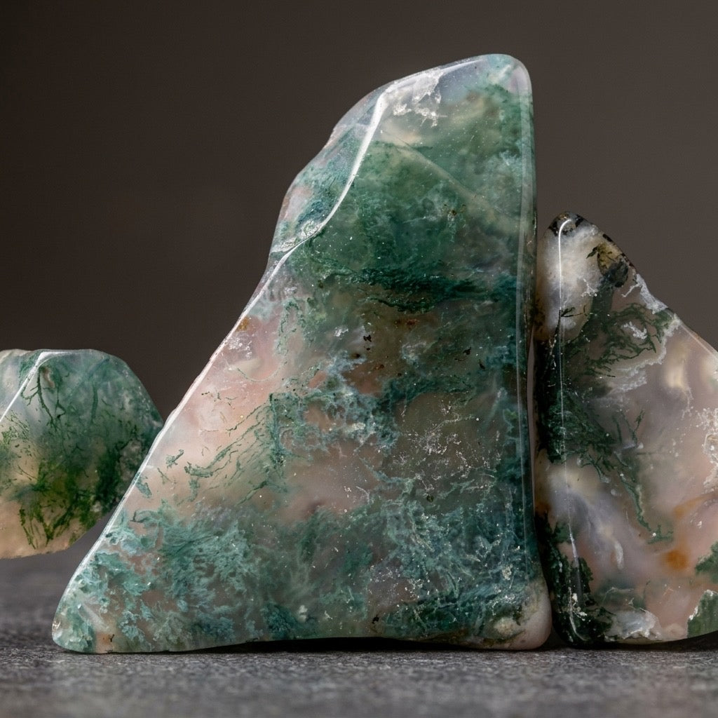 Moss Agate Polished Specimen — Green Dendritic Inclusions, Translucent, 14g — detail view