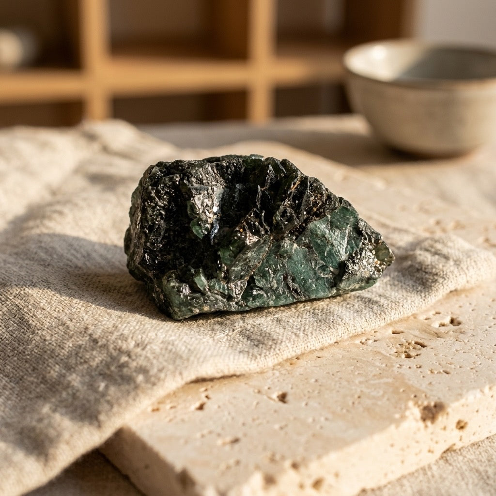 Emerald in Matrix — Raw Rough Specimen, Green Beryl in Host Rock, 62g — detail view