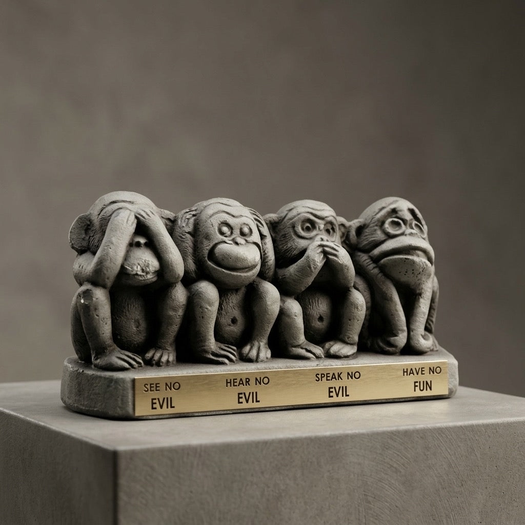Four Wise Monkeys “Have No Fun” Figurine — Novelty Desk Collectible — detail view