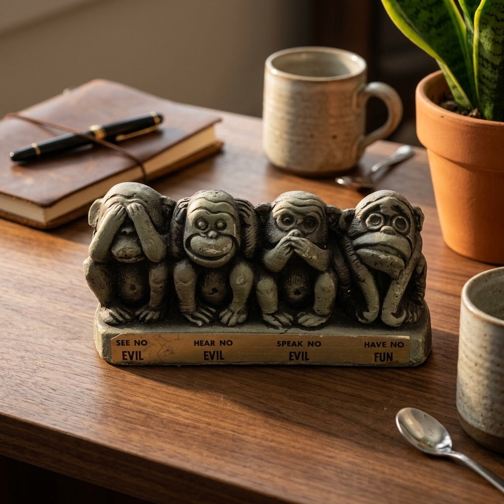 Four Wise Monkeys “Have No Fun” Figurine — Novelty Desk Collectible — detail view
